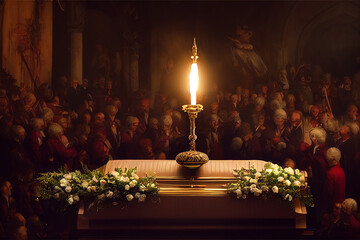 Renaissance gathering in old church artwork medival funeral close up of magical candle