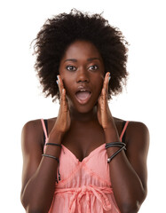 Wall Mural - Wow face, black woman and portrait in studio, isolated white background and crazy announcement. Model surprise at gossip, secret news and emoji for wtf notification, curious announcement and shocked