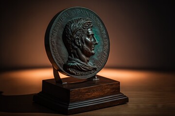 Wall Mural -  a bronze medallion with a man's head on a wooden stand on a table in a dark room with a light behind it and a shadow on the wall behind it, a dark background.  generative