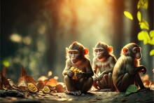  Three Monkeys Sitting On A Rock Eating Fruit In The Forest With A Sun Shining In The Background And A Tree With Leaves And A Few Other Leaves On The Ground, With A Few,.  Generative