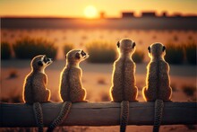  A Group Of Meerkats Sitting On A Log Watching The Sunset In The Distance With The Sun Setting In The Background And A Field Behind Them, With Grass And A Few Bushes And Bushes.  Generative