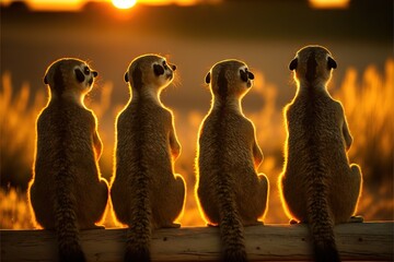 Wall Mural -  a group of meerkats sitting on a log watching the sunset in the background with the sun setting behind them and the meerkats looking at the horizon, with the meerkats.  generative