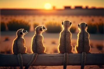 Wall Mural -  a group of meerkats sitting on a log watching the sunset in the distance with the sun setting in the background and a field behind them, with grass and a few bushes and bushes.  generative