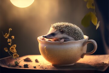 Wall Mural -  a hedgehog sitting in a cup with a flower in it's mouth and a sun shining in the background behind it, with a yellow light shining on a table with a brown surface.  generative