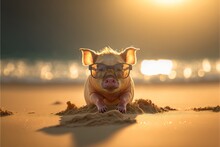  A Pig Wearing Glasses Sitting On A Beach At Night With The Sun Shining Behind Him And A Blurry Background Of The Beach And The Water And Sand And The Sand, With The Sun.