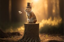  A Rabbit In A Top Hat Sitting On A Stump In The Woods With A Butterfly In Its Mouth And A Light Shining Through The Trees Behind It, With A Beam Of Light Coming From. Generative AI