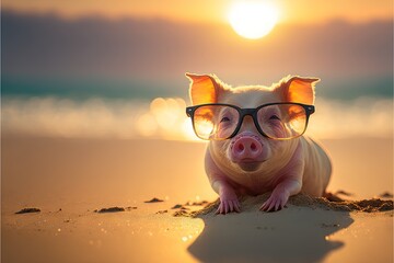 Wall Mural -  a pig wearing glasses on a beach at sunset with the sun in the background and a blurry background of the sky and water, with a sun shining on the sand, the ground,. Generative AI