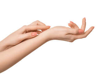 Beautiful woman's hands on the white background. Spa and Manicure concept. Moisturizing female hands, isolate.
