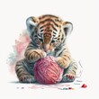  a tiger cub playing with a ball of yarn and knitting needles on a white background with a pink ball of yarn in front of it and a pink ball of yarn on the floor with a.  ai Generative AI