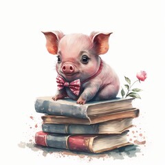 Wall Mural -  a pig sitting on top of a stack of books with a bow tie on it's head and a flower in its mouth, with a white background of books and watercolor stains.  ai Generative AI