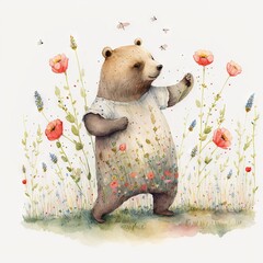 Wall Mural -  a bear is standing in a field of flowers and grass with a bee flying overhead in the background and a bee flying overhead in the foreground, with a bee flying insect  Generative AI