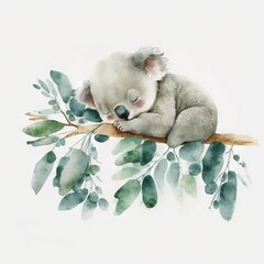 Wall Mural -  a watercolor painting of a koala sleeping on a branch with leaves and branches around it, with a white background and a white backdrop with a green border, white border, with a. generative ai