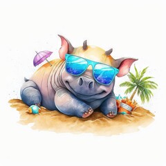 Wall Mural -  a rhino with sunglasses and a umbrella on the beach is laying down on the sand and is looking at the camera with a smile on his face and a palm tree behind him, a. generative ai