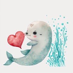 Wall Mural -  a seal with a heart in its mouth is swimming in the water with bubbles and bubbles around it, while a seahorse is holding a heart shaped balloon in its mouth, on a. generative ai Generative AI