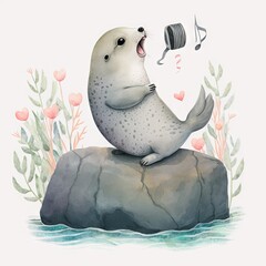 Poster -  a seal with a microphone on a rock in the water with flowers and music notes in the background, and a song is in the air above it, a seagull, a. Generative AI