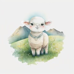 Wall Mural -  a sheep with a collar standing in a field of grass with mountains in the background and a sky background with clouds and a blue sky with a few clouds, with a few clouds,. generative ai