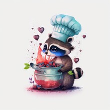  A Raccoon With A Chef Hat On Eating Food Out Of A Bowl Of Berries And Berries In A Bowl With A Spoon In It's Hand, With Hearts And A White Background. Generative Ai