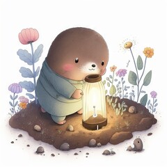 Wall Mural -  a cartoon bear is holding a lantern in the dirt with flowers around it and a flower pot in the middle of the ground, with a light shining on the ground, with a little. generative ai