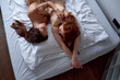© Roman - top view on Nice lesbian women lying on bed close to each other, love lgbtq concept. shirtless ladies in the morning, after waking up. intimacy moment, relationships concept. above view