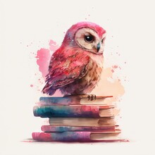  A Watercolor Painting Of A Owl Sitting On A Stack Of Books With A Pink Background And Watercolor Splashes On The Back Of The Book Pages, And The Owl Is Sitting On Top Of The Stack. Generative Ai