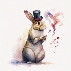 Poster -  a rabbit with a top hat and a pipe in its hand, smoking a cigarette and looking up at the sky with a heart shaped smokestack in the air, on a white background. generative ai