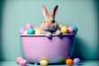 Easter bunny with easter eggs. Generative AI.