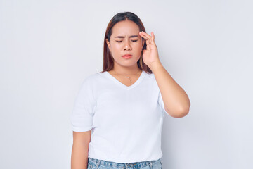 Wall Mural - unhappy young woman Asian wearing casual white t-shirt put hand on her forehead suffering from a headache isolated on white background. people lifestyle concept