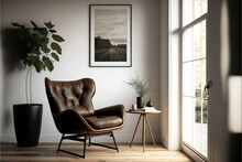 Modern Mid Century And Minimalist Interior Of Living Room ,leather Armchair With Table On White Wall And Wood Floor ,3d Render