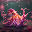 Abstract funny adorable purple pink octopus with bubbles background. Generative Ai.
