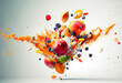 Assortment of different exotic and fantastic fruits and berries, mixed fruit falling and exploding in colorful juices splashing made with Generative AI