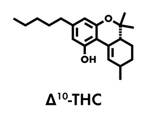 Sticker - Delta-10-tetrahydrocannabinol (D10-THC) molecule. Isomer of Delta-9-THC. Skeletal formula.