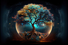 Tree Of Life Moon Illustration, Dark Background, Mystical, Spiritual Concept,generative Ai	