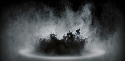 smoke exploding on dark black background, empty place middle center, fog effect, illustration digital generative ai design art style