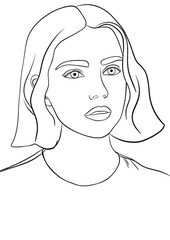 Wall Mural - Illustration d’un portait d’une jeune fille aux cheveux mi-court. Dessin minimaliste au trait noir. Image lier à la femme, la mode et au cosmétique, icône de marque de luxe