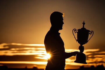 Silhouette of a man holding a trophy at sunset stock photo Success, Winning, Achievement, Award, Trophy - Award