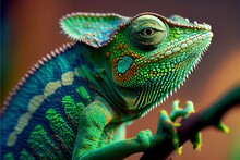 Close-up Of A Green Chameleon - Generative AI