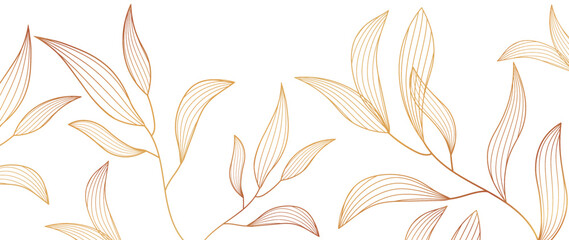 Elegant golden tropical leaf wallpaper line, hand drawn branches. Luxury golden floral botanical vector isolated on white background. Design for decor, invitation, fabrics, prints, prints.
