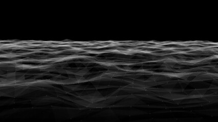 Aufkleber - Wave of digital particles on a black background. Abstract interlacing lines and points. Digital connection of elements. Simulation of the movement of small particles. 3D rendering.
