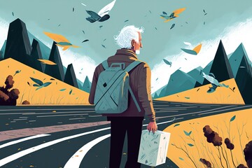 Wall Mural - A man in his fifties with white hair, carrying a backpack, standing in front of the beginning of a road, a road extending in depth forming a question mark