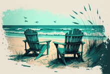 Illustration, Chairs In The Sand Of A Beach, Image Generated By AI