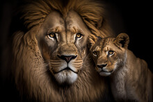 Portrait Of A Male Lion With Baby Lion Cub, King Of The Jungle, Generative AI