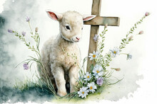 Easter Lamb With Cross And Flowers Watercolor, Generative AI