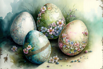 Wall Mural - Easter eggs decorated with flowers  watercolor, Generative AI