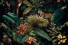 Tropical Forest Background, Animals, Tropical Plants And Flowers, Ai