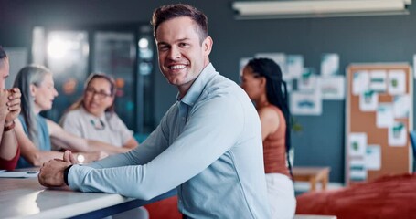 Wall Mural - Business man, face and smile with ceo and success, vision and mindset in business meeting with staff in workplace. Businessman, corporate employee and executive with goals and leader in portrait