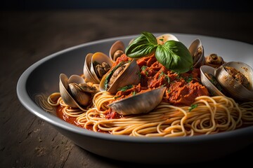 Wall Mural - close up illustration of Vongole alla marinara is clams in tomato sauce pasta dish