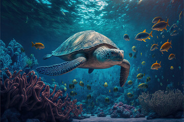 Wall Mural - Big turtle swimming in tropical waters