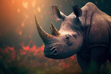 Illustration Of Beautiful Close Up Portrait Of Two Horn Rhino, Sumatran Rhinoceroses