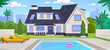 Modern American house with a swimming pool in the backyard. Landscape view of a family mansion with a beautiful garden and a pool. Building exterior background. Cartoon style vector illustration.