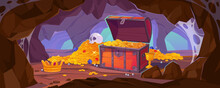 Treasure Cave Background In Cartoon Style. Wooden Chest With A Pile Of Gold Coins, Gems, And Jewels In A Mine. Wealth Is Hidden In A Tunnel Under A Mountain. Fantasy Game Vector Illustration.